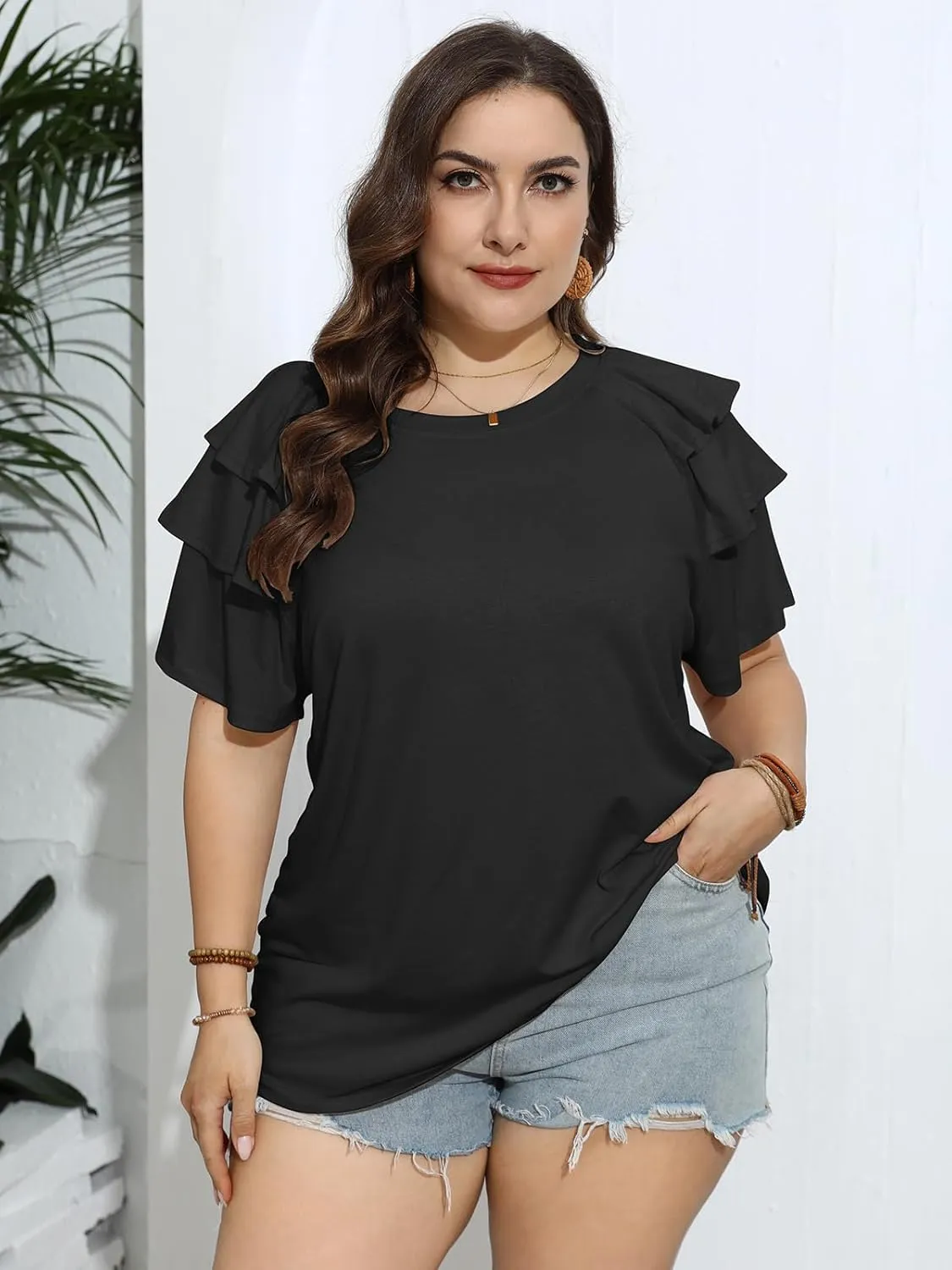 TAKEYAL Womens Plus Size Tops Ruffle Short Sleeve Crew Neck Solid T Shirts Casual Blouses Tunic Top 1XL-5XL