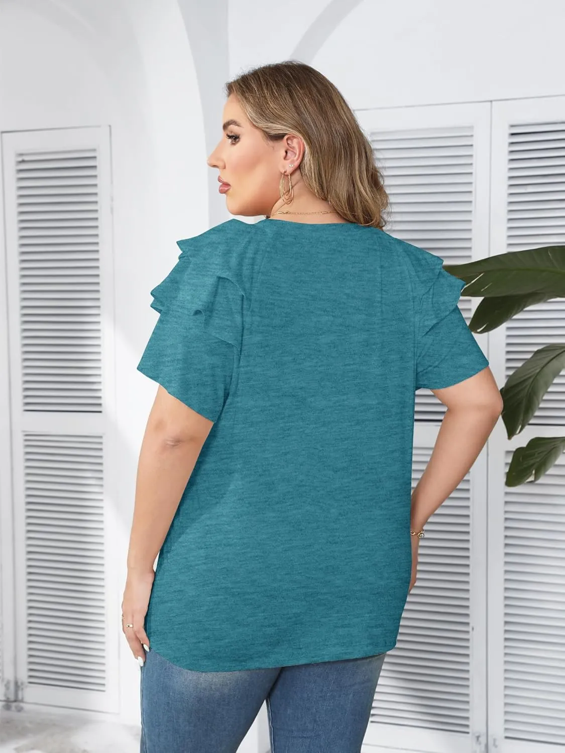 TAKEYAL Womens Plus Size Tops Ruffle Short Sleeve Crew Neck Solid T Shirts Casual Blouses Tunic Top 1XL-5XL