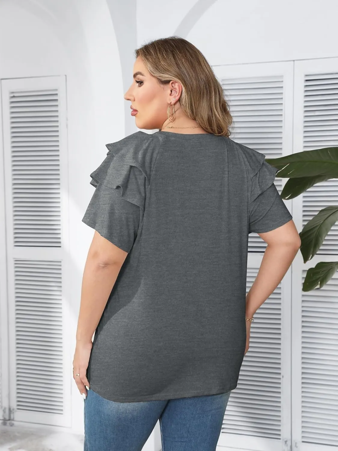 TAKEYAL Womens Plus Size Tops Ruffle Short Sleeve Crew Neck Solid T Shirts Casual Blouses Tunic Top 1XL-5XL