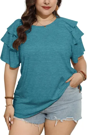 TAKEYAL Womens Plus Size Tops Ruffle Short Sleeve Crew Neck Solid T Shirts Casual Blouses Tunic Top 1XL-5XL