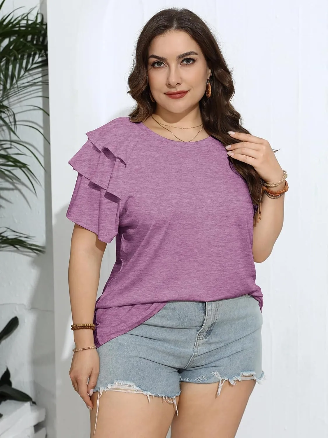 TAKEYAL Womens Plus Size Tops Ruffle Short Sleeve Crew Neck Solid T Shirts Casual Blouses Tunic Top 1XL-5XL