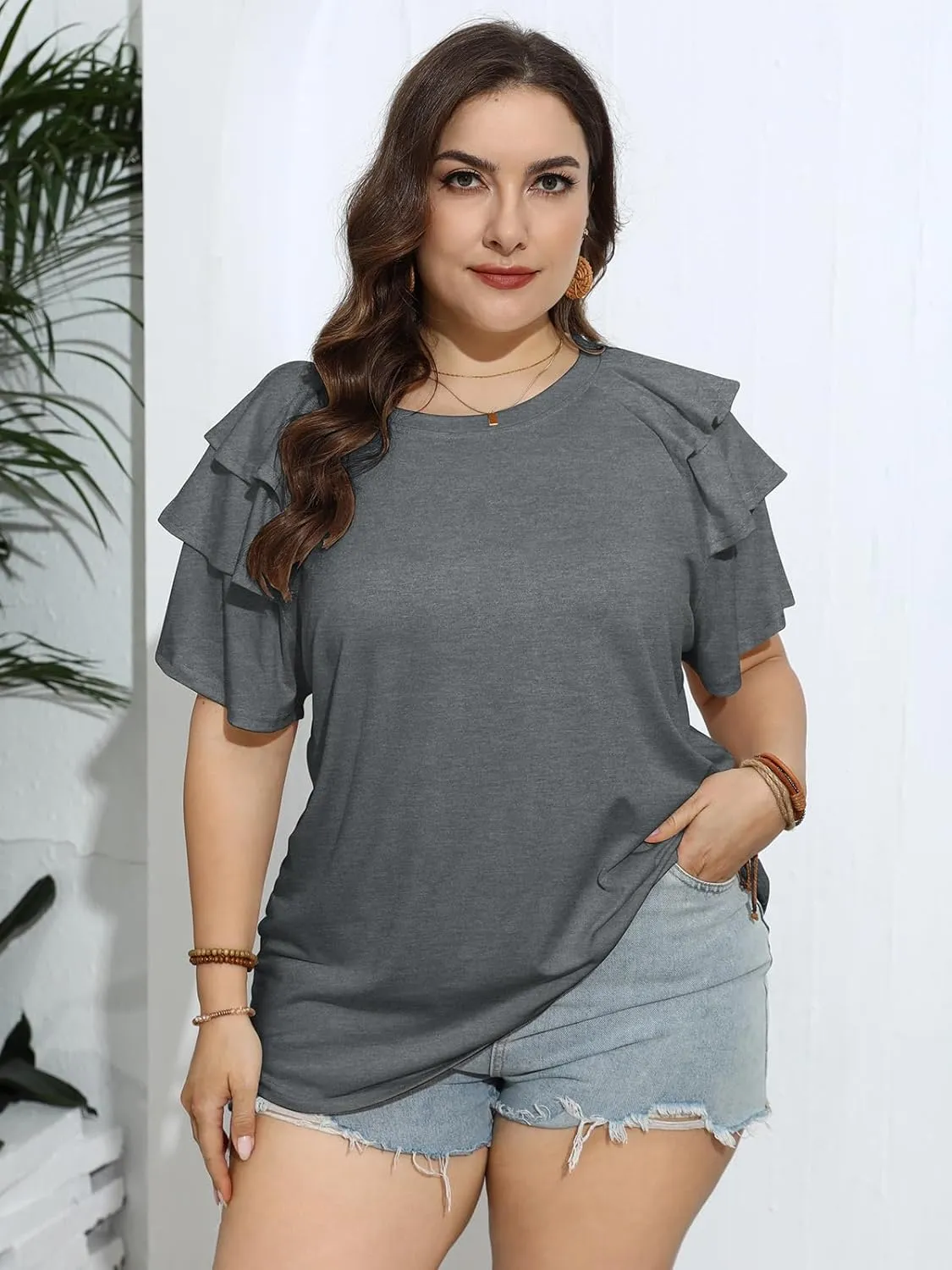 TAKEYAL Womens Plus Size Tops Ruffle Short Sleeve Crew Neck Solid T Shirts Casual Blouses Tunic Top 1XL-5XL