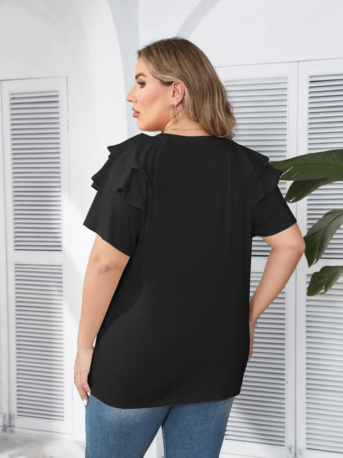 TAKEYAL Womens Plus Size Tops Ruffle Short Sleeve Crew Neck Solid T Shirts Casual Blouses Tunic Top 1XL-5XL