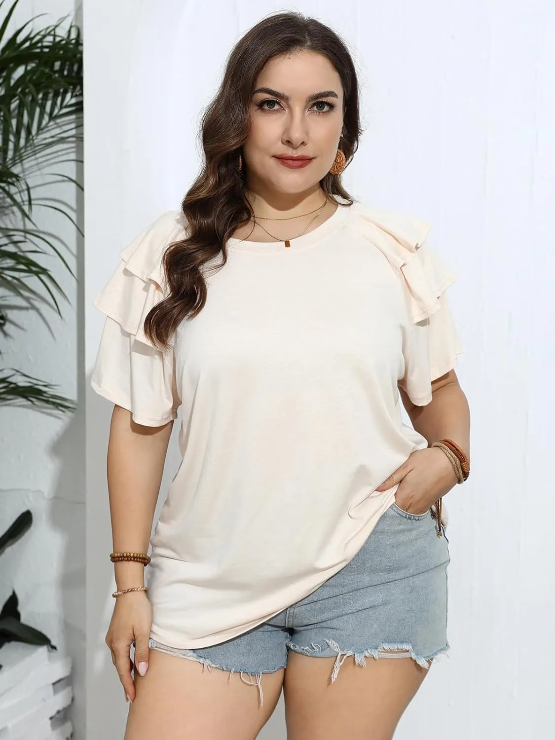TAKEYAL Womens Plus Size Tops Ruffle Short Sleeve Crew Neck Solid T Shirts Casual Blouses Tunic Top 1XL-5XL