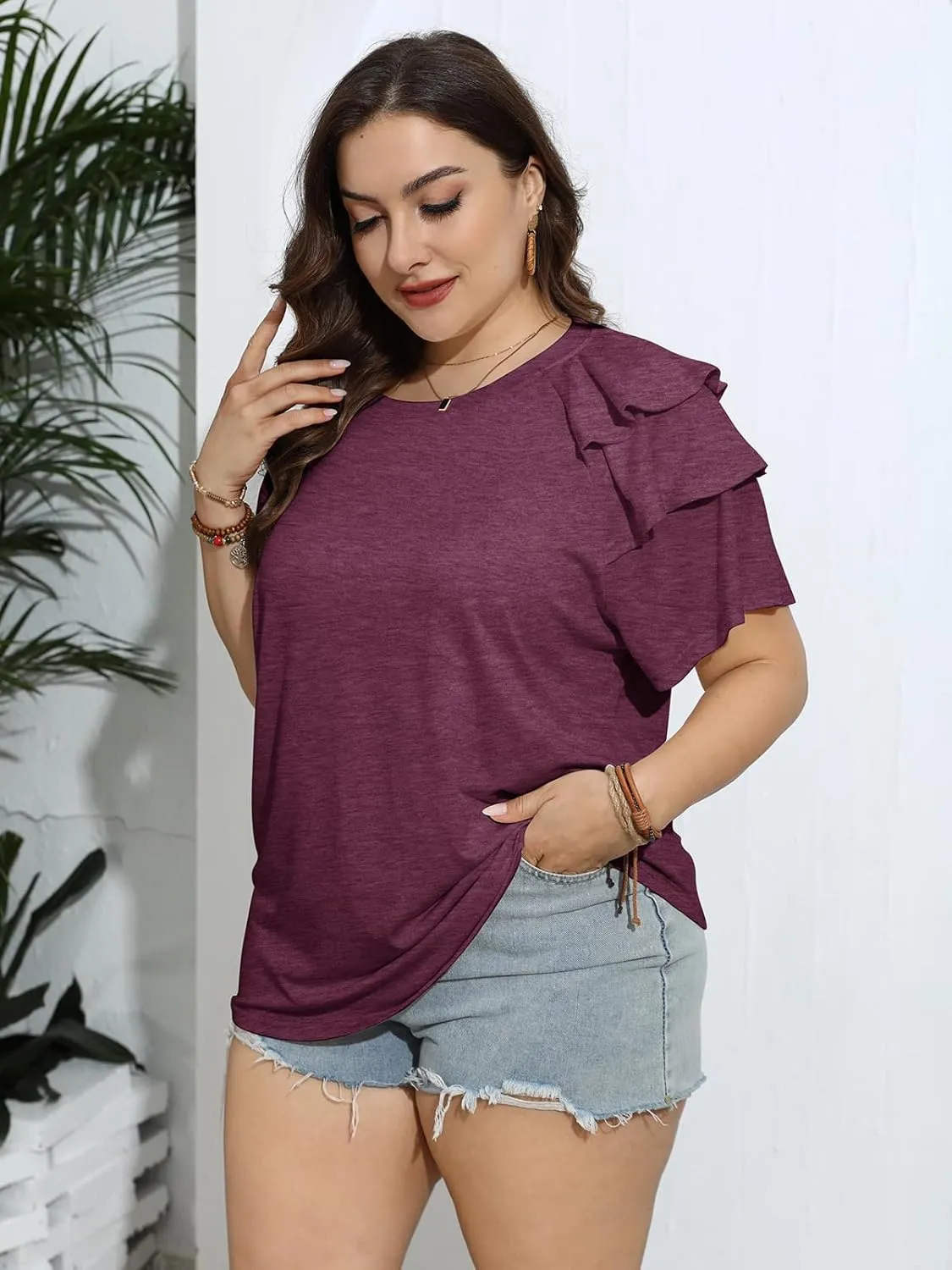 TAKEYAL Womens Plus Size Tops Ruffle Short Sleeve Crew Neck Solid T Shirts Casual Blouses Tunic Top 1XL-5XL