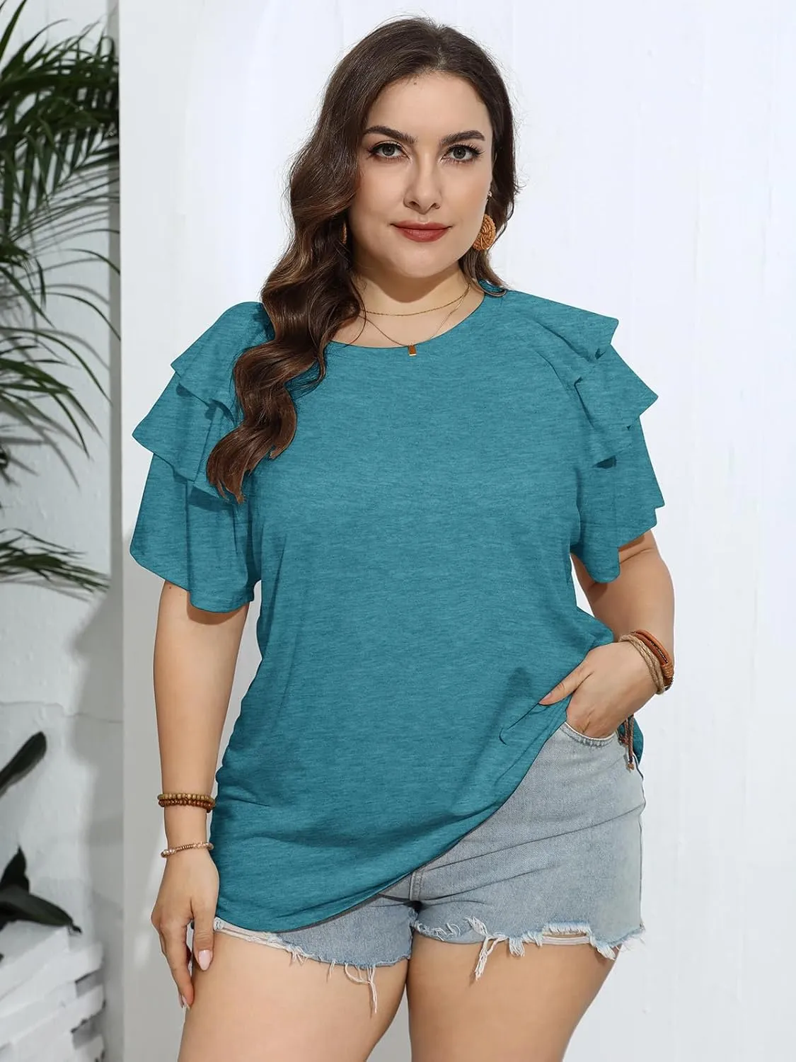 TAKEYAL Womens Plus Size Tops Ruffle Short Sleeve Crew Neck Solid T Shirts Casual Blouses Tunic Top 1XL-5XL