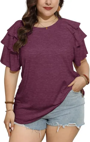 TAKEYAL Womens Plus Size Tops Ruffle Short Sleeve Crew Neck Solid T Shirts Casual Blouses Tunic Top 1XL-5XL