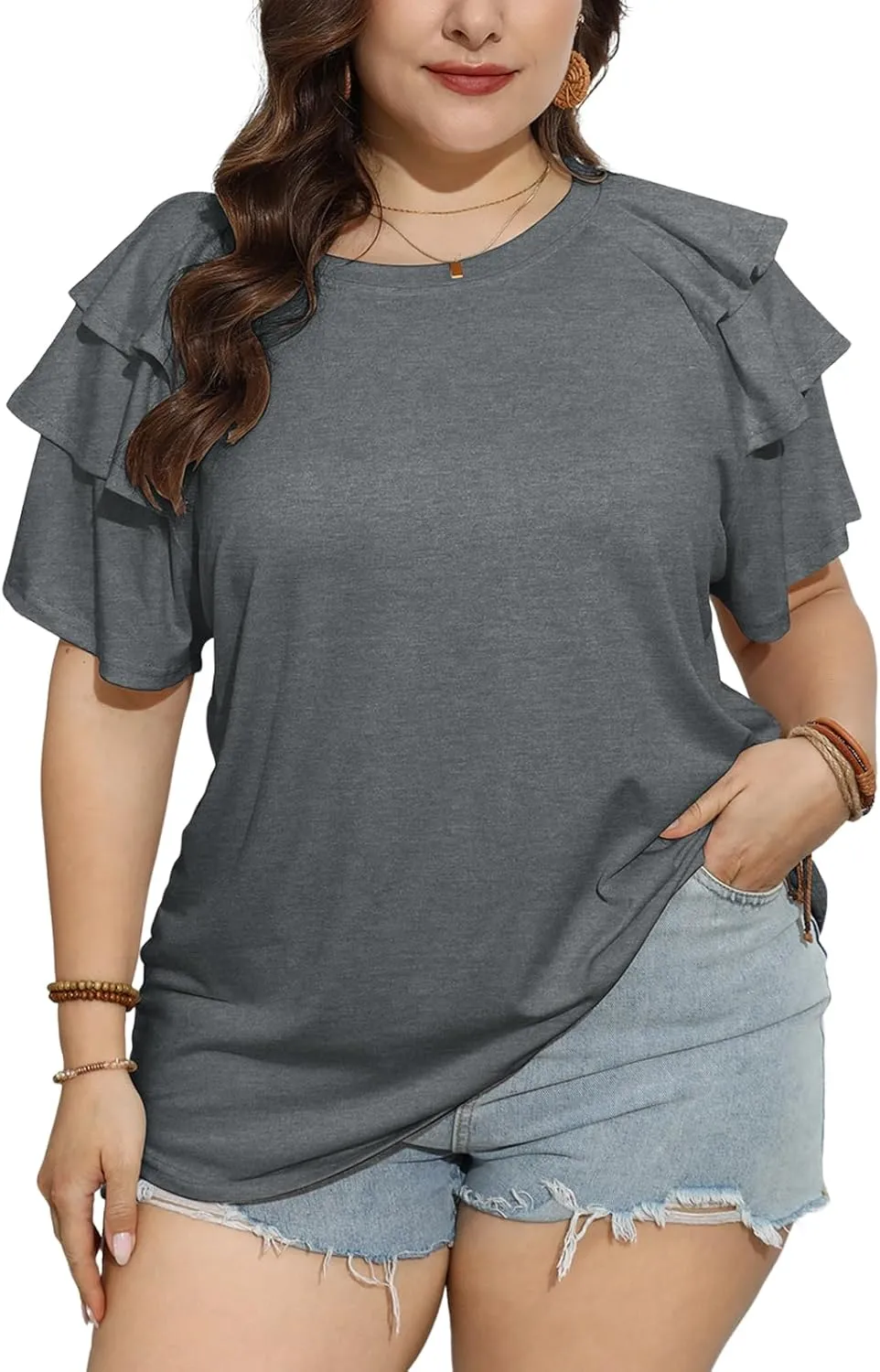 TAKEYAL Womens Plus Size Tops Ruffle Short Sleeve Crew Neck Solid T Shirts Casual Blouses Tunic Top 1XL-5XL