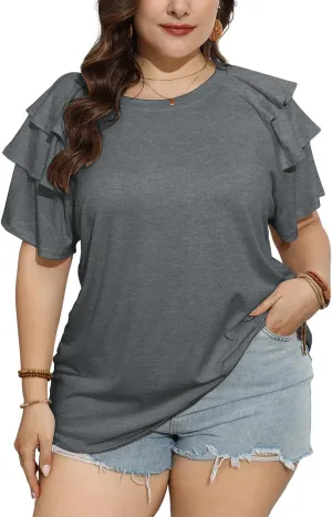 TAKEYAL Womens Plus Size Tops Ruffle Short Sleeve Crew Neck Solid T Shirts Casual Blouses Tunic Top 1XL-5XL