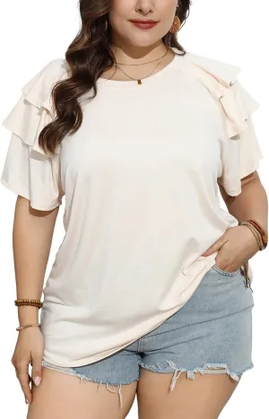 TAKEYAL Womens Plus Size Tops Ruffle Short Sleeve Crew Neck Solid T Shirts Casual Blouses Tunic Top 1XL-5XL