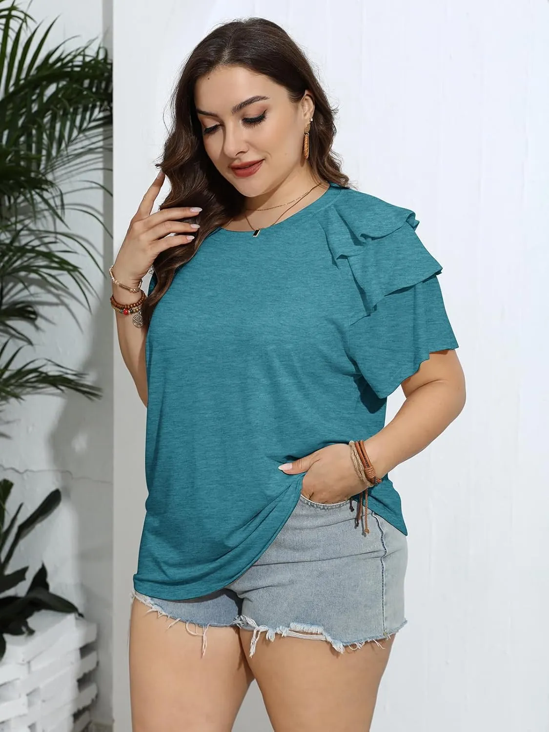 TAKEYAL Womens Plus Size Tops Ruffle Short Sleeve Crew Neck Solid T Shirts Casual Blouses Tunic Top 1XL-5XL