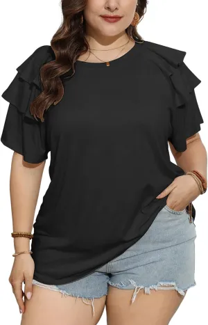 TAKEYAL Womens Plus Size Tops Ruffle Short Sleeve Crew Neck Solid T Shirts Casual Blouses Tunic Top 1XL-5XL