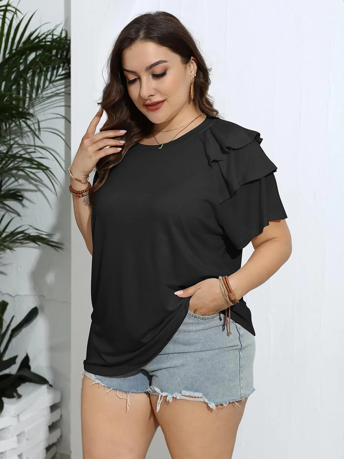 TAKEYAL Womens Plus Size Tops Ruffle Short Sleeve Crew Neck Solid T Shirts Casual Blouses Tunic Top 1XL-5XL