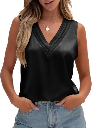 TAKEYAL Womens Summer Satin Tank Tops V Neck Sleeveless Dressy Shirts Casual Loose Tunic Tops Blouses