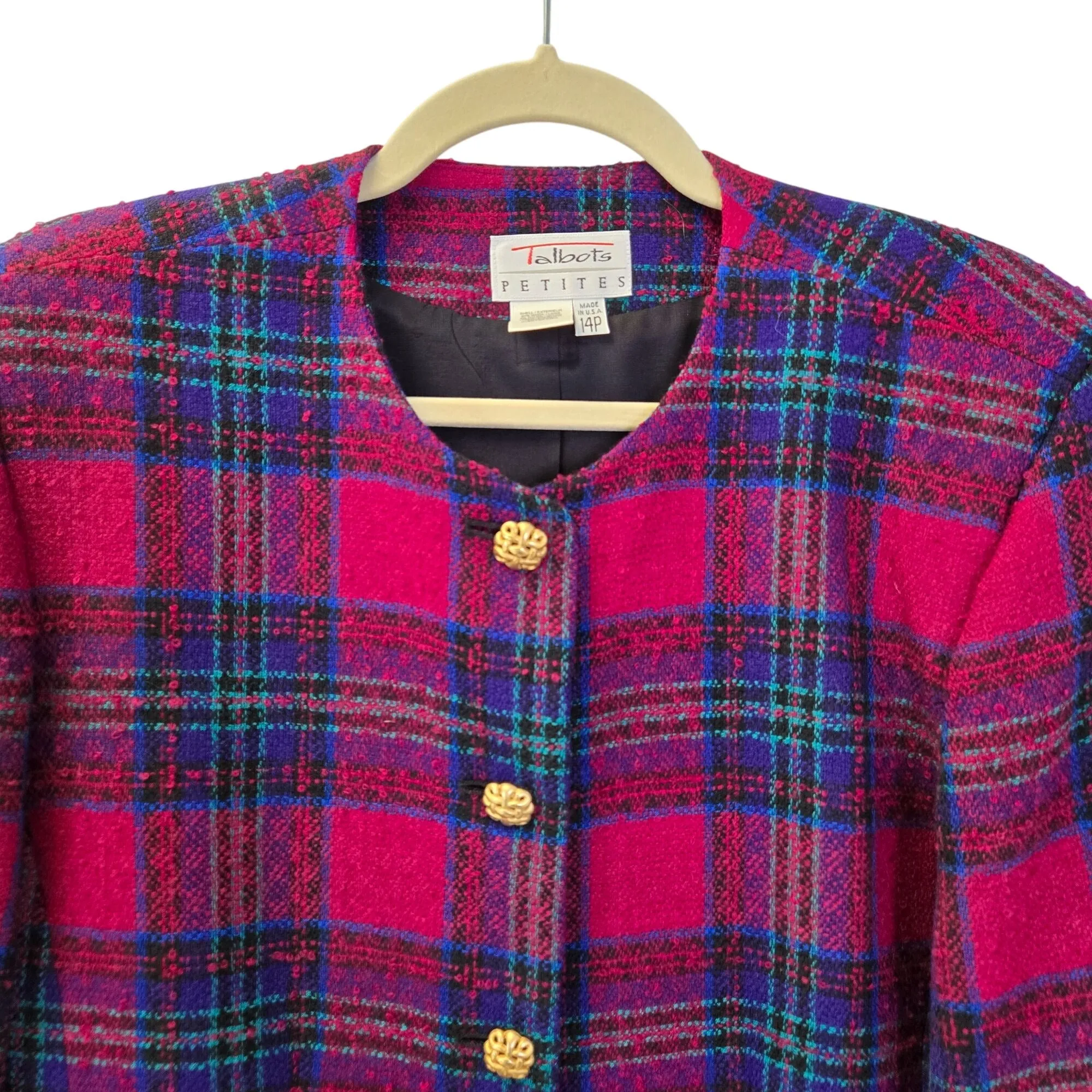 Talbots Petites Wool Blend Plaid Button Front Blazer Jacket Size 14P