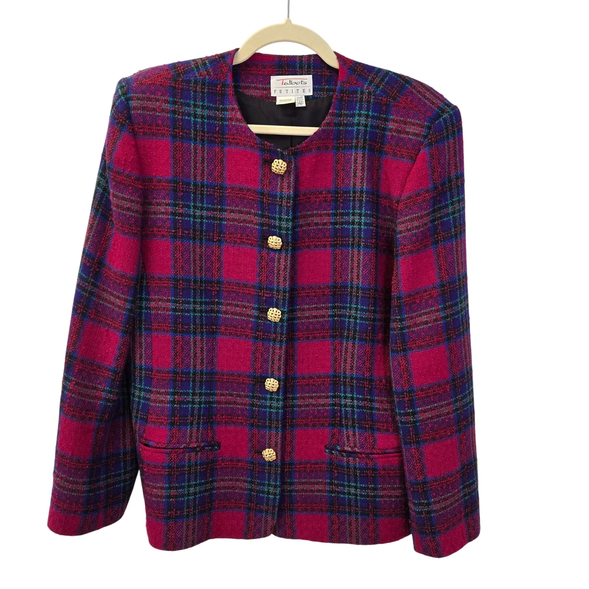 Talbots Petites Wool Blend Plaid Button Front Blazer Jacket Size 14P