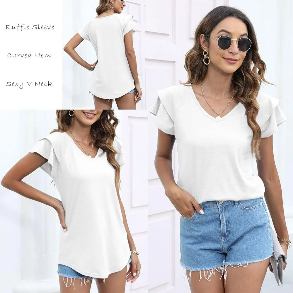T&Twenties Womens Summer Tops Ruffle Short Sleeve Tunic Tops V Neck Loose Fit Flowy T-Shirts