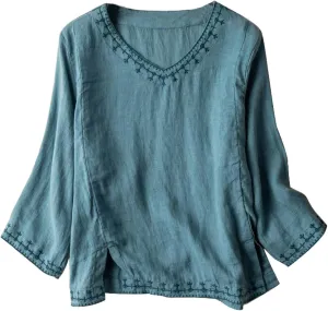 TANGNADE Womens Cotton Linen 3/4 Sleeve Tunic Tops Boho Short Sleeve V Neck Embroidery Shirts Cute Summer Outfits