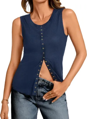 Tank Tops for Women Dressy - Waffle Knit Vest Shirts Snap Button Down Sleeveless Blouse Summer Casual Going Out Top