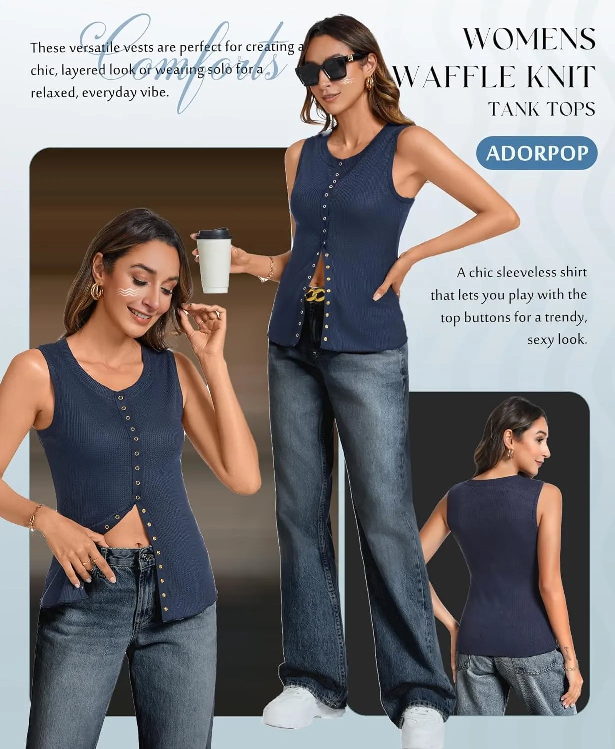 Tank Tops for Women Dressy - Waffle Knit Vest Shirts Snap Button Down Sleeveless Blouse Summer Casual Going Out Top