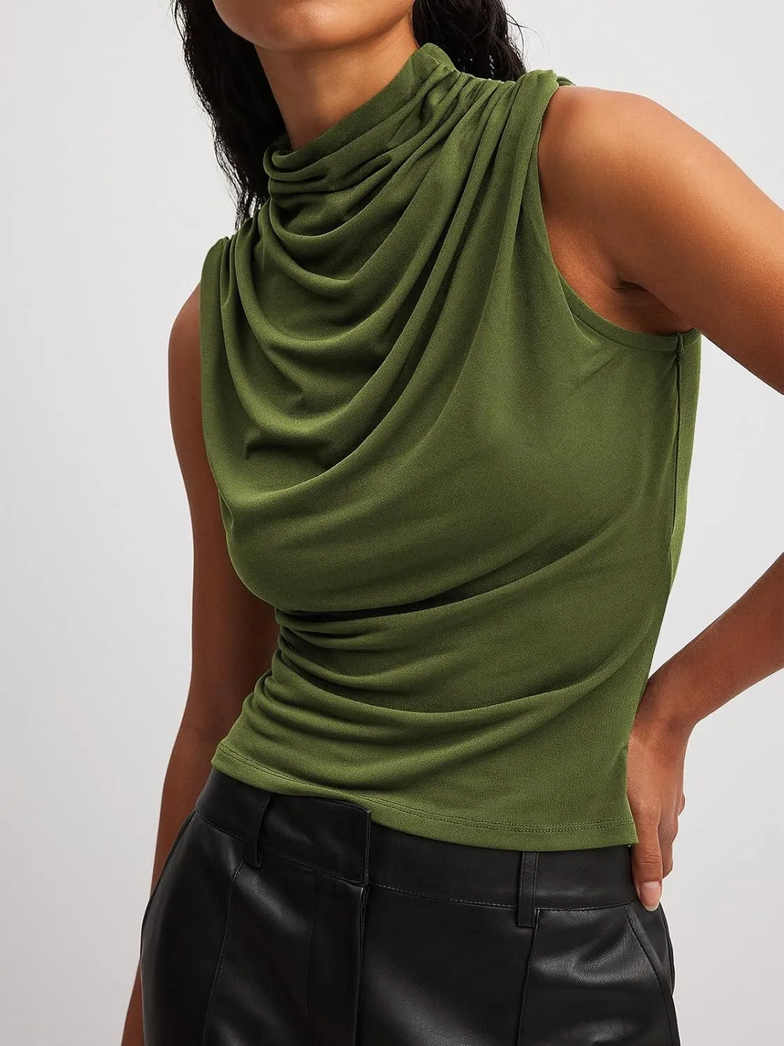 Tankaneo Womens Sleeveless Tank Tops Slim Fitted Mock Neck Draped Stretchy Summer Casual Ruched Tops