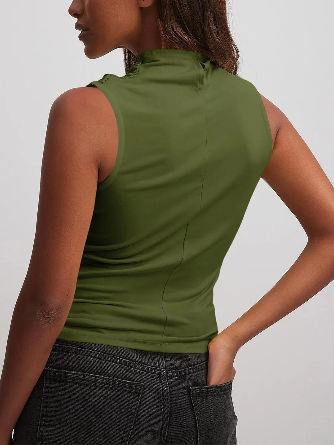 Tankaneo Womens Sleeveless Tank Tops Slim Fitted Mock Neck Draped Stretchy Summer Casual Ruched Tops