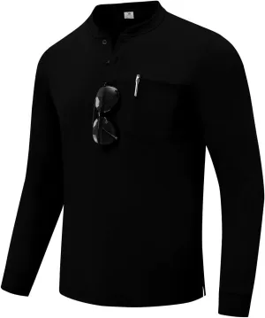 TBMPOY Men's Henley Shirts Golf Long Sleeve Shirts Moisture Wicking Button Loose Fit with Pockets Quick Dry