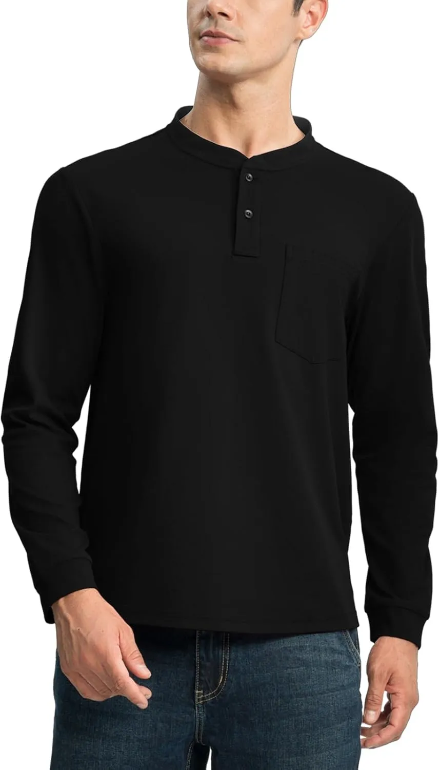 TBMPOY Men's Henley Shirts Golf Long Sleeve Shirts Moisture Wicking Button Loose Fit with Pockets Quick Dry