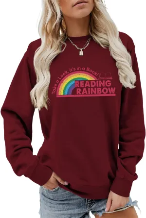 Teacher Sweatshirts for Women Take a Look It's in a Book Lovers Shirt Reading Rainbow Graphic Tees Cute Fall Tops