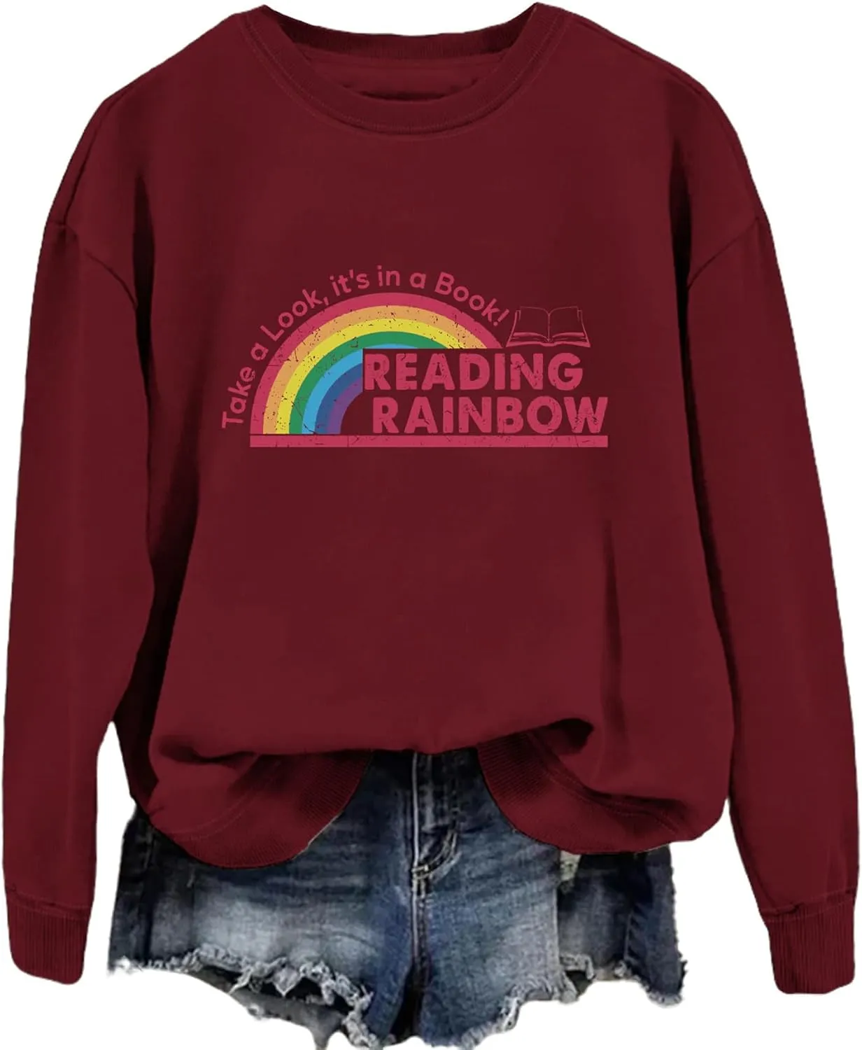 Teacher Sweatshirts for Women Take a Look It's in a Book Lovers Shirt Reading Rainbow Graphic Tees Cute Fall Tops