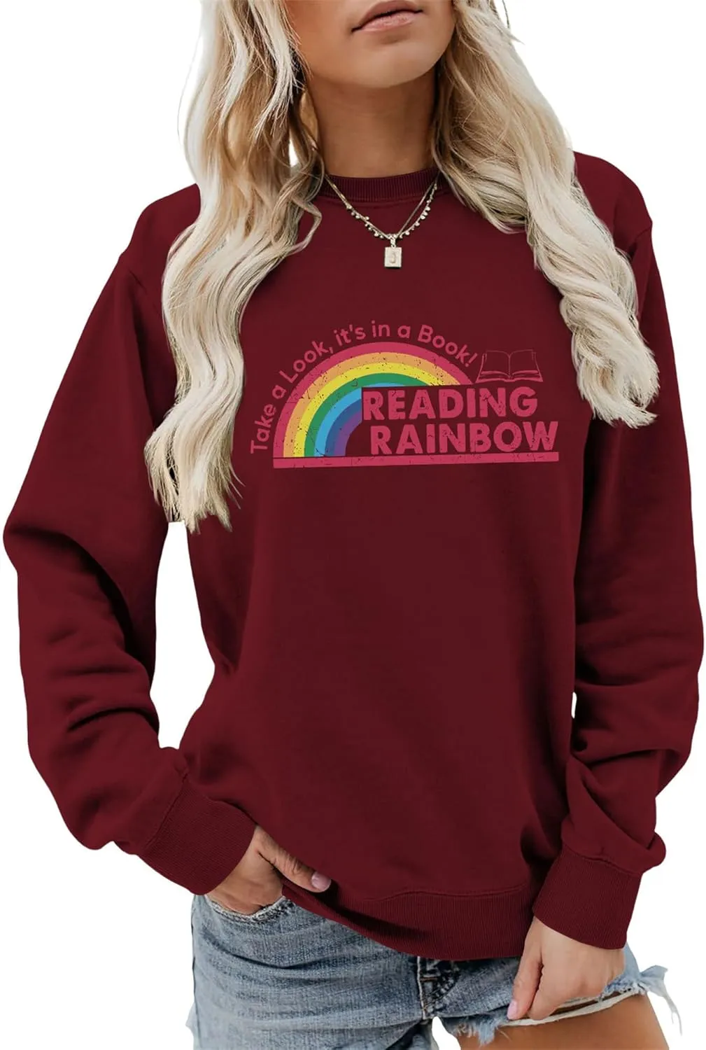 Teacher Sweatshirts for Women Take a Look It's in a Book Lovers Shirt Reading Rainbow Graphic Tees Cute Fall Tops