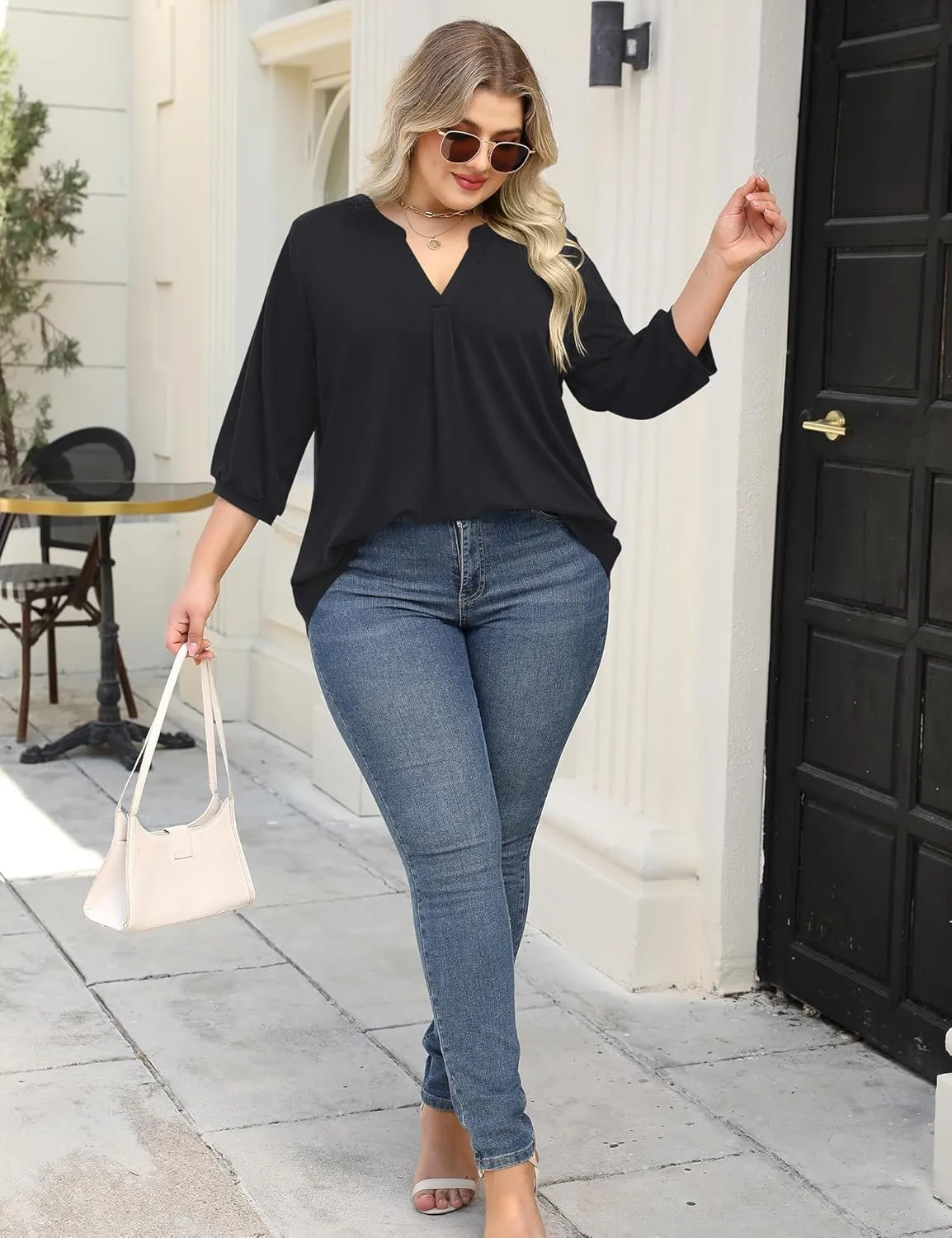 TFSDOD Plus Size Tops for Women 3/4 Length Puff Sleeve Tops V Neck T Shirts Spring Summer Tunics Tops Fashion 2025 XL-5XL