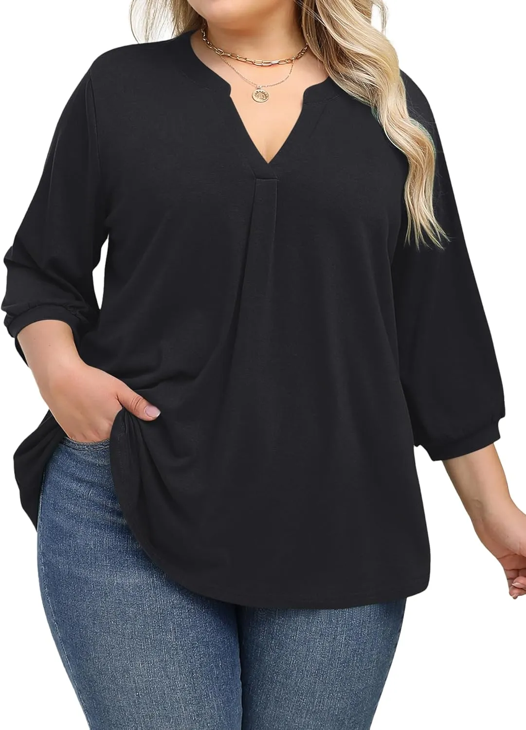 TFSDOD Plus Size Tops for Women 3/4 Length Puff Sleeve Tops V Neck T Shirts Spring Summer Tunics Tops Fashion 2025 XL-5XL