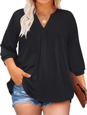 TFSDOD Plus Size Tops for Women 3/4 Length Puff Sleeve Tops V Neck T Shirts Spring Summer Tunics Tops Fashion 2025 XL-5XL