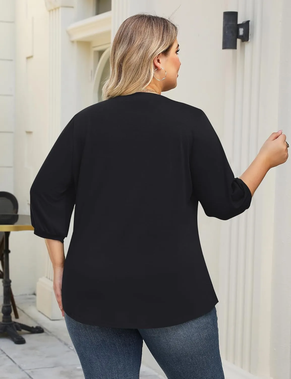 TFSDOD Plus Size Tops for Women 3/4 Length Puff Sleeve Tops V Neck T Shirts Spring Summer Tunics Tops Fashion 2025 XL-5XL
