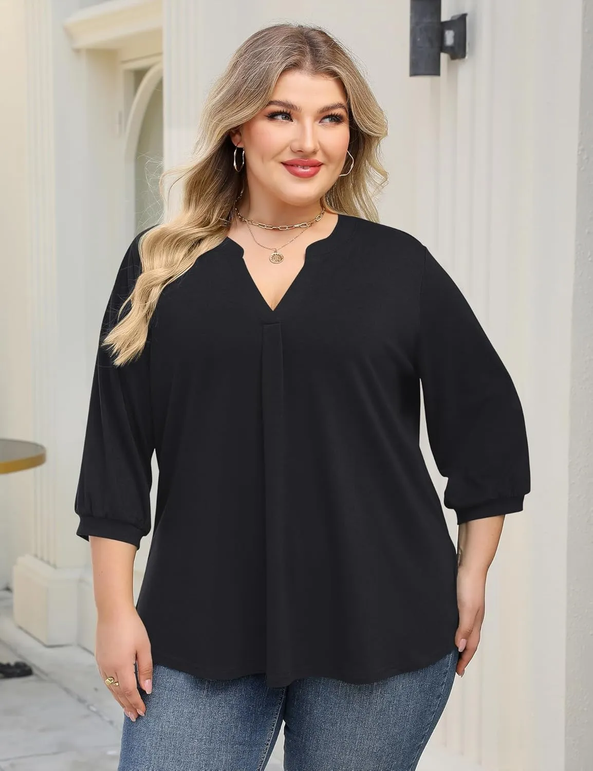 TFSDOD Plus Size Tops for Women 3/4 Length Puff Sleeve Tops V Neck T Shirts Spring Summer Tunics Tops Fashion 2025 XL-5XL