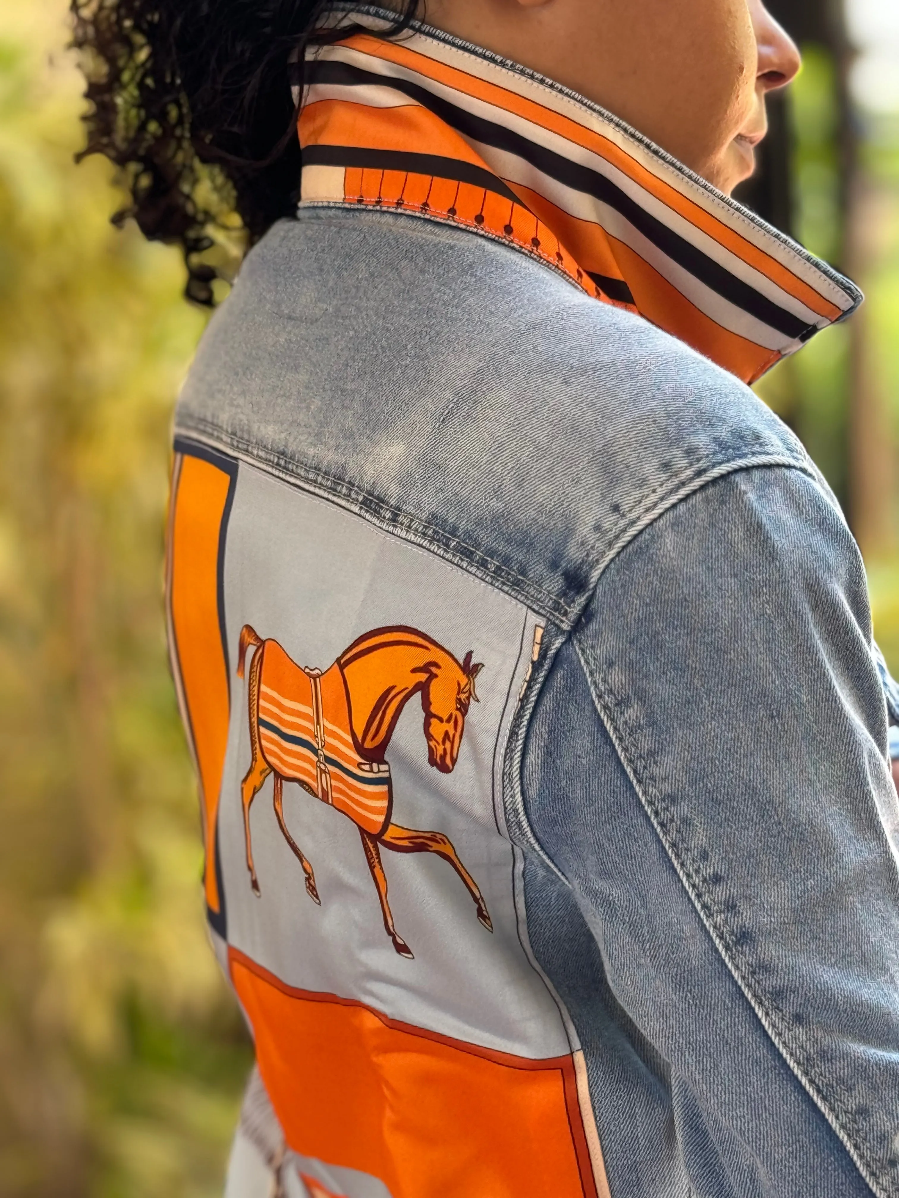 The Light  Denim Jacket / Light Blue with Orange Horse