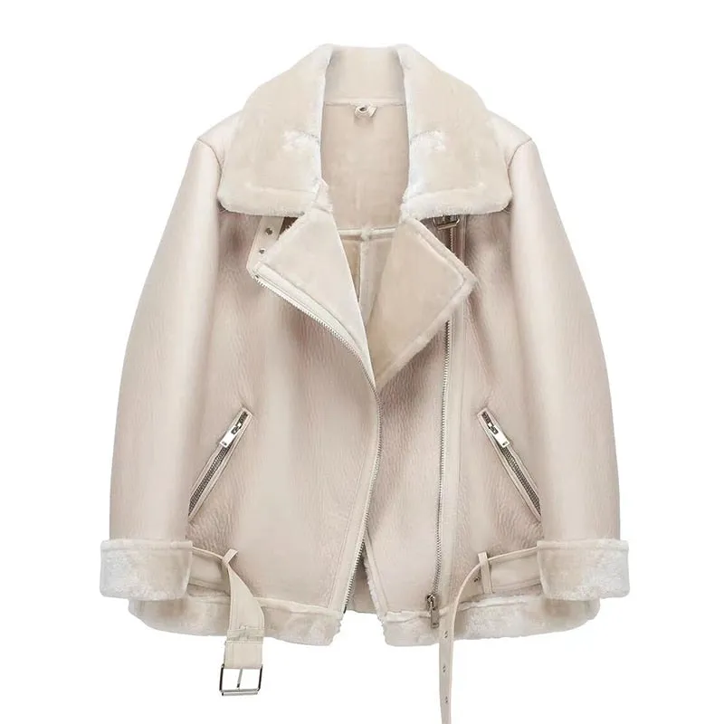 Thick Faux Leather Fur Sheepskin Leather Jacket Women's Aviator Jacket