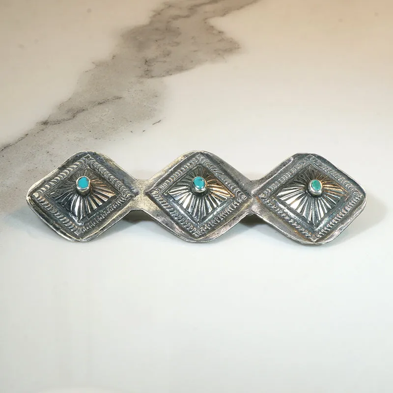 Three Conchos Coin Silver & Turquoise Brooch