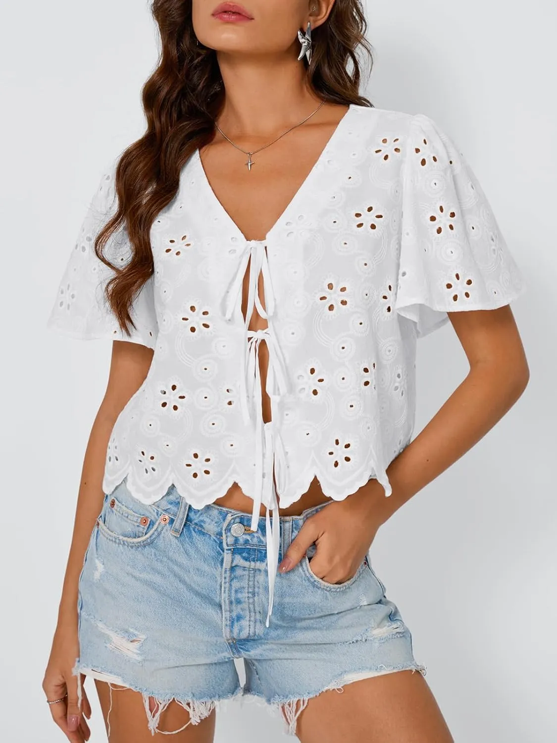 Trendy Queen Womens Tie Front Tops Summer Beach Vacation 2025 Fashion Outfits Short Sleeve Blouses Eyelet Embroidered Clothes