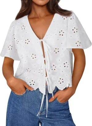 Trendy Queen Womens Tie Front Tops Summer Beach Vacation 2025 Fashion Outfits Short Sleeve Blouses Eyelet Embroidered Clothes