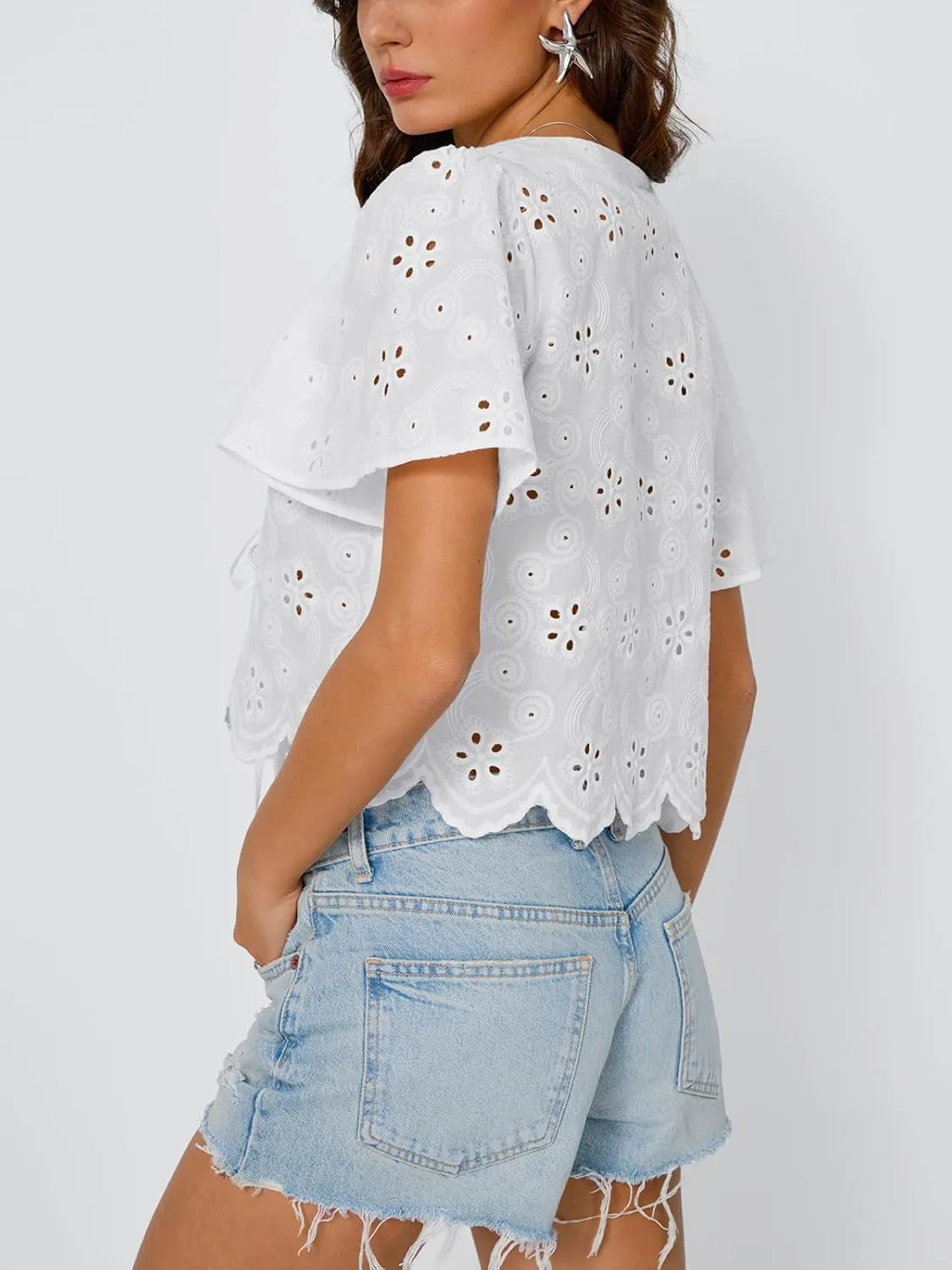 Trendy Queen Womens Tie Front Tops Summer Beach Vacation 2025 Fashion Outfits Short Sleeve Blouses Eyelet Embroidered Clothes