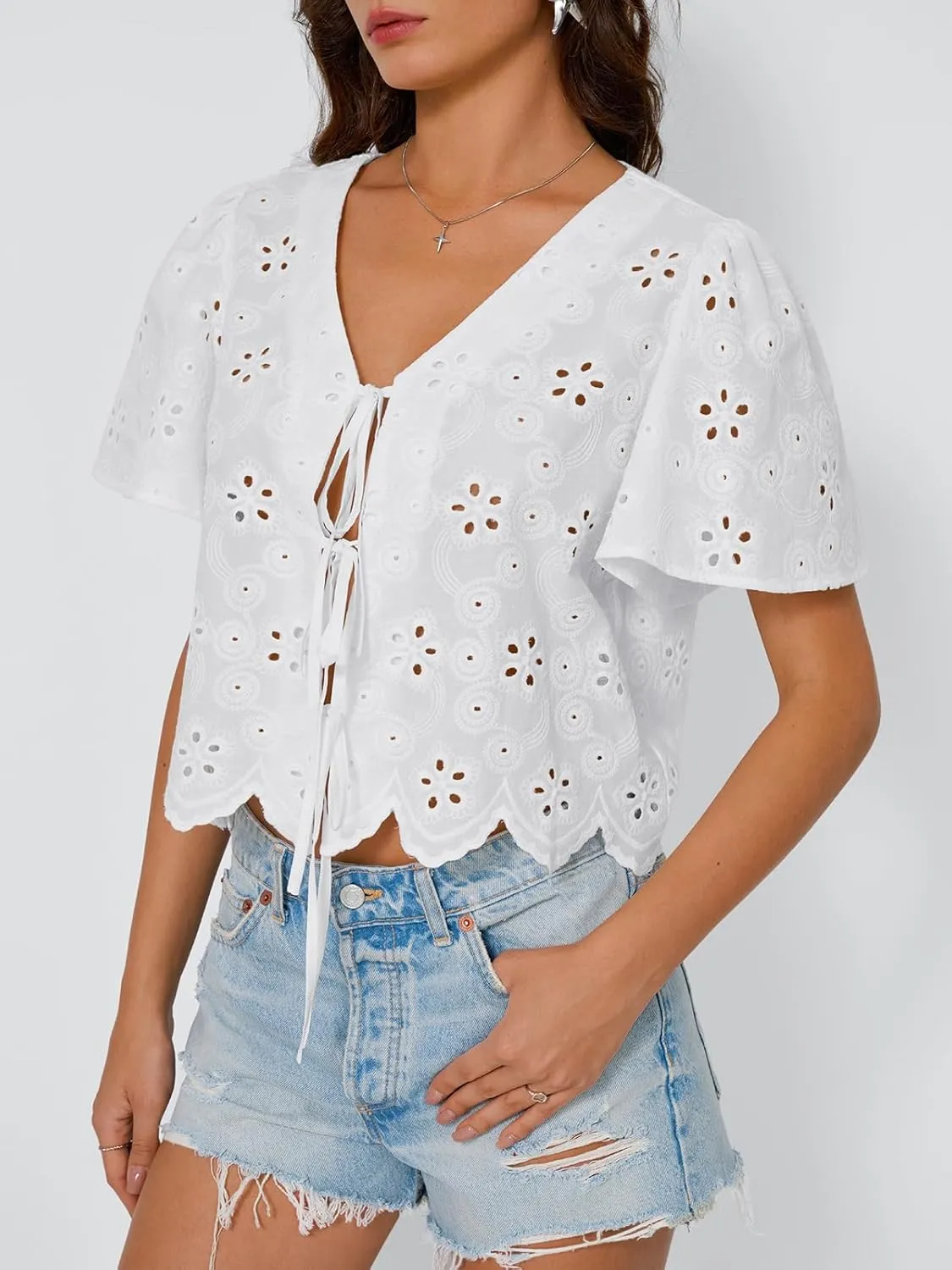 Trendy Queen Womens Tie Front Tops Summer Beach Vacation 2025 Fashion Outfits Short Sleeve Blouses Eyelet Embroidered Clothes