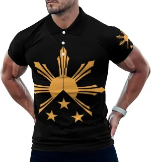 Tribal Philippines Filipino Sun and Stars Flag Men's Polo Shirt Golf Short Sleeve Regular-Fit Button Straight T-Shirt