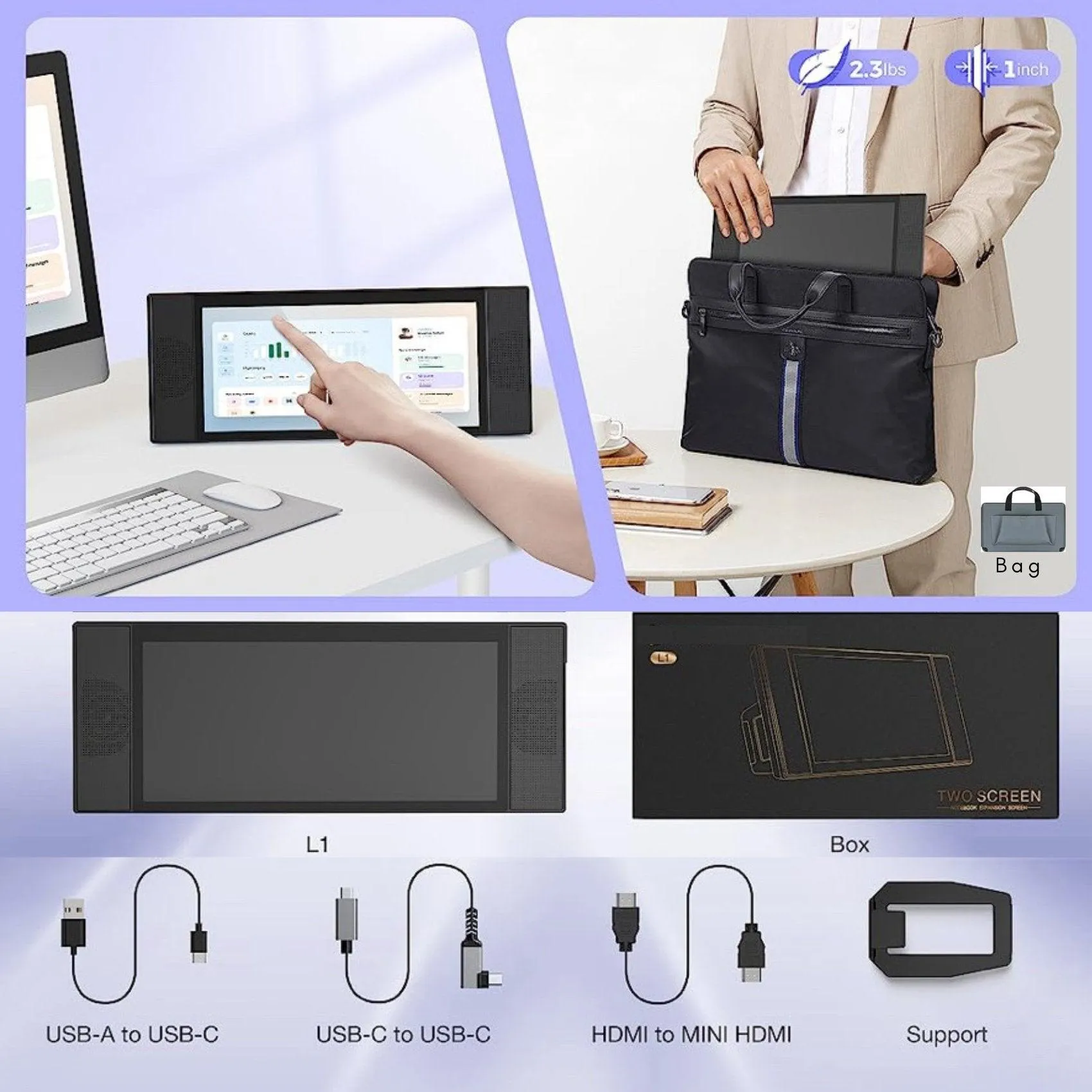 TUTT L1 Portable Laptop Cellphone Monitor Extender 12.3" IPS FHD High Brightness Gaming Touchscreen Dual Speakers Touch Screen Extension for Windows Mac PC Laptop Phone PS5/Switch