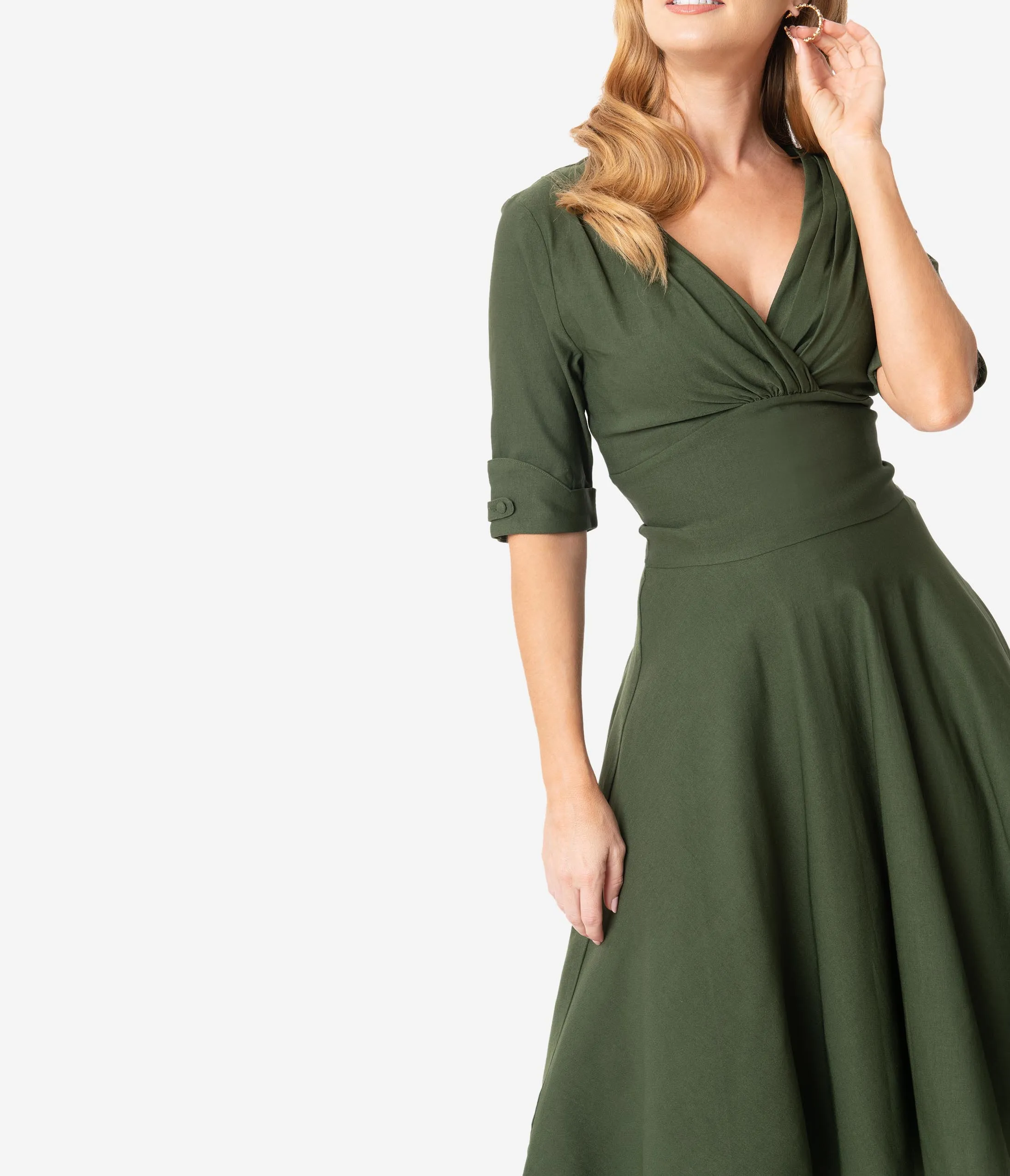 Unique Vintage 1950s Army Green Delores Swing Dress with Sleeves