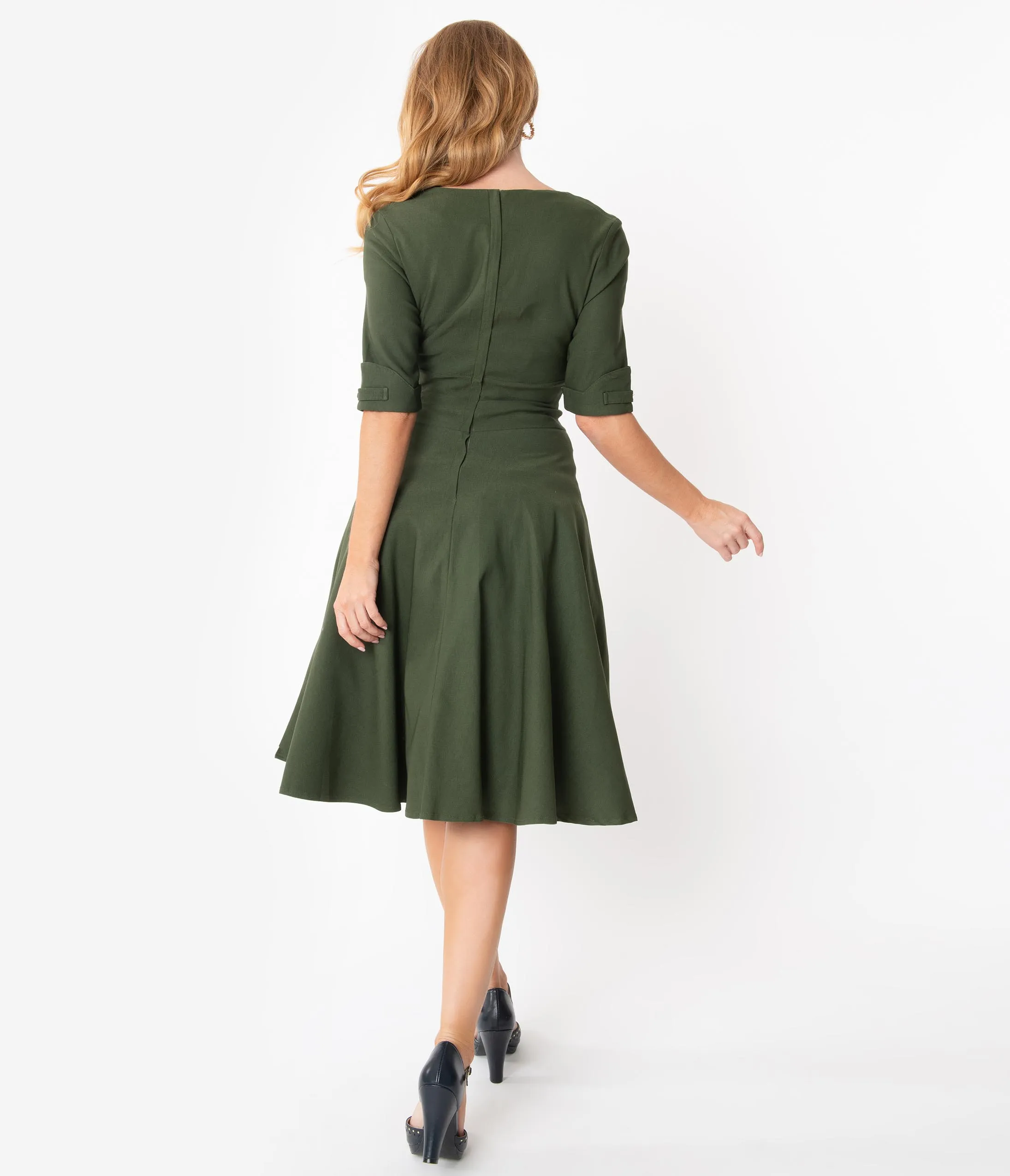 Unique Vintage 1950s Army Green Delores Swing Dress with Sleeves