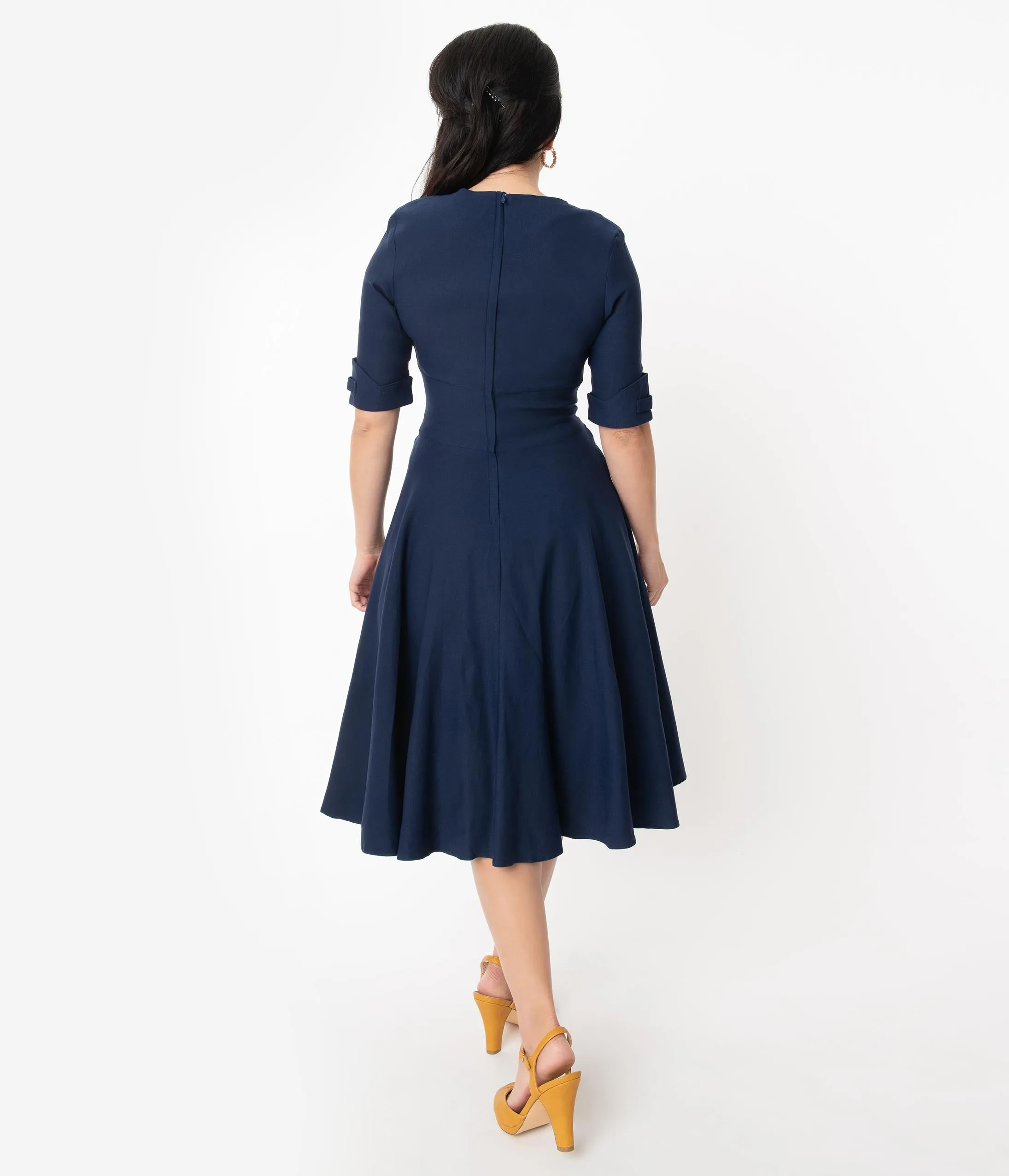 Unique Vintage 1950s Dark Navy Delores Swing Dress with Sleeves