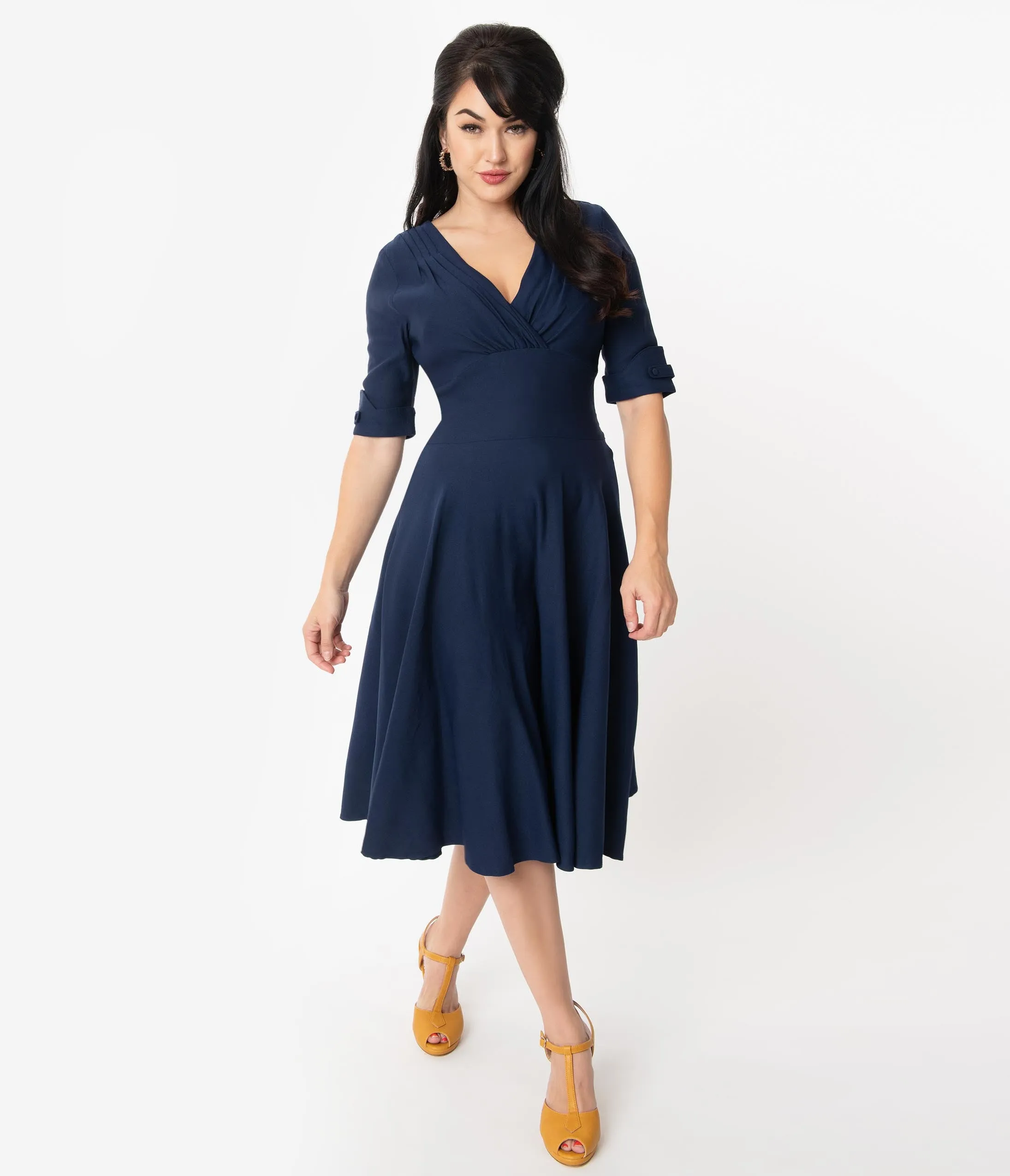 Unique Vintage 1950s Dark Navy Delores Swing Dress with Sleeves