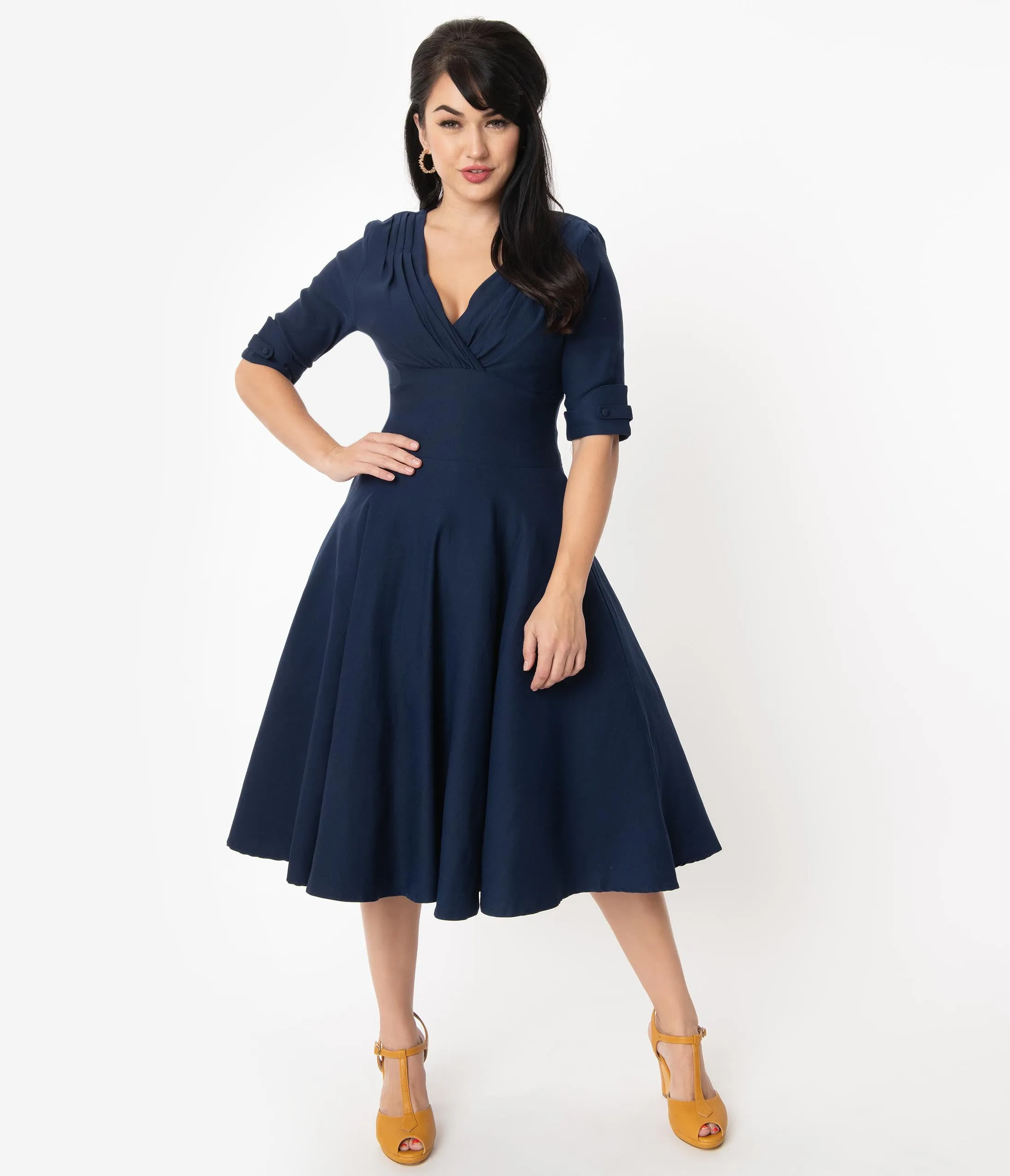 Unique Vintage 1950s Dark Navy Delores Swing Dress with Sleeves